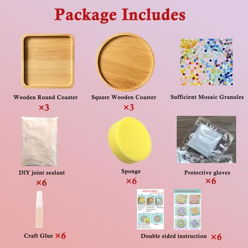 6 Sets DlY Mosaic Tiles for Crafts,Mixed Color Glass Mosaic Kits with Wooden Coaster for Adults,DlY Coasters Kit Mosaic Supplies for Handmade Home Decoration Gift (Square and Round) - style: Style 1