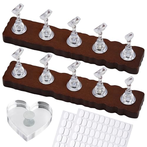 Nail Stand for Press On Art Display Practice 2 Set, 1 Heart Shaped Acrylic Magnetic Nail Stand, Fake Nail Holder with 200 Pieces Double-sided Tape, For Home DIY Salon Supplies (Walnut, Medium) - color: Walnut, size: Medium
