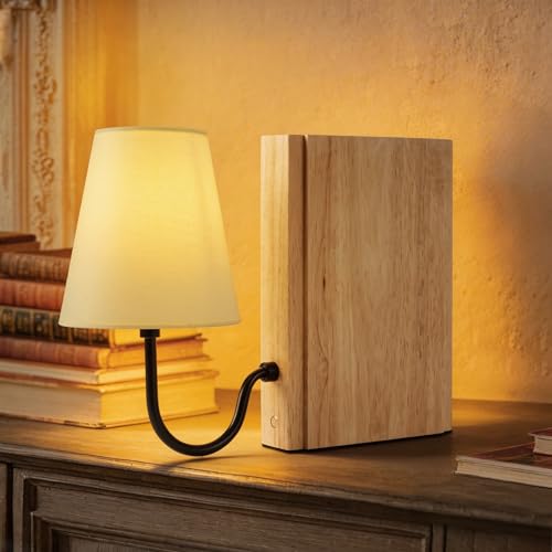 AELS Wooden Bookshelf Lamp with Bulb, Cordless Touch Dimmable Table Lamp with Linen Fabric Shade, Battery Operated, Modern Decorative Bookend, Book Sconce for Office Home Bedroom Bookshelf, Natural - color: Natural, size: Rechargeable Model