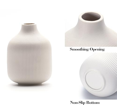 White Ceramic Vases for Decor, 3 Set Small Modern Minimalist Ribbed Vases Decorative for Table Shelf Decor Bookshelf Decoration Vase - color: 15 White