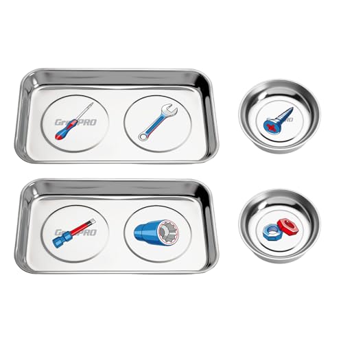 GRENPRO 4-Piece Magnetic Tray Set, 2 Large Square & 2 Round Stainless Steel Trays with Strong Magnet for Tool Organization, DIY Stickers Included - style: Square & Round (Stickers Included)