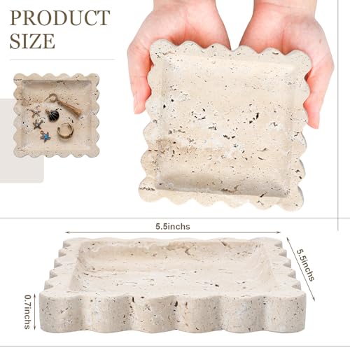 Threehoney 5.5 Inch Small Travertine Scallop Edge Stone Tray Marble Jewelry Dish Trinket Tray for Women, Perfume, Coffee Table(Square) - style: Square