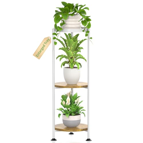KMOTASUO 3 Tier White Plant Stand Indoor for Large Tall Heavy Duty Planter, Multiple Sturdy Metal Flower Corner Rack for Narrow House Floor, Iron Vertical Level Round Orchi Holder Organizer, Modern - color: White + Brown, size: 3 Tier