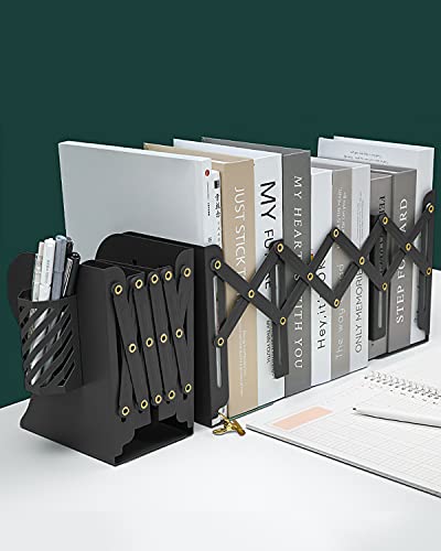 MSDADA Adjustable Bookends, Book Ends for Heavy Books, Expandable Book Organizer with Pen Holder for Desk, Shelf, Office,School, Thanksgiving for Students and Teachers (Black) - color: Black