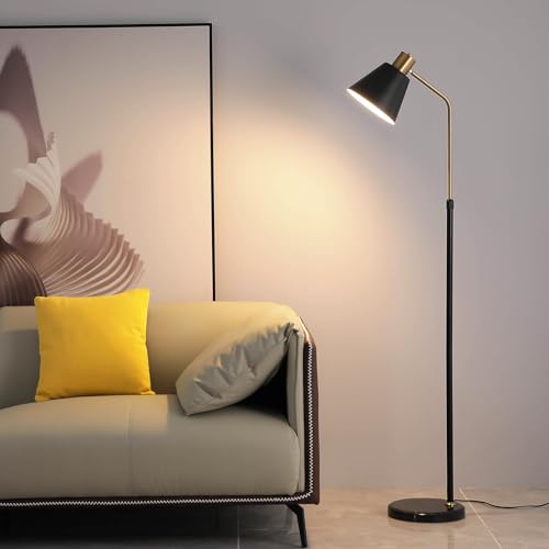 High-End Bright Reading Floor Lamp 12W Tri Color Bulb,Matte Black Iron Lampshade Adjustable,57"-65"Tall ,Weighted Base, Modern Industrial Retro Standing Desk Lamp for Living Room Bedroom Office Corner - color: Black