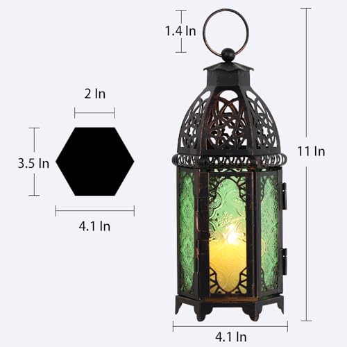 NEEDOMO Hanging Moroccan Lantern, 11'' Vintage Candle Holder, Metal Lanterns Decorative Indoor Outdoor, Table, Patio, Porch, Shelf, Gothic Home Decor (Green, Medium Size) - color: Green, size: Medium