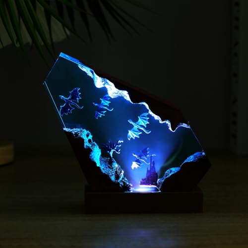 Drawelry Ocean Creative Epoxy Resin Wood Light Lamp, Handmade Multi Color Aquatic Ocean Lamp Deep Sea Diver Cave Diving Enthusiasts Led Night Light Desktop Decor Christmas Birthday Gift (Dragon, S) - color: Dragon