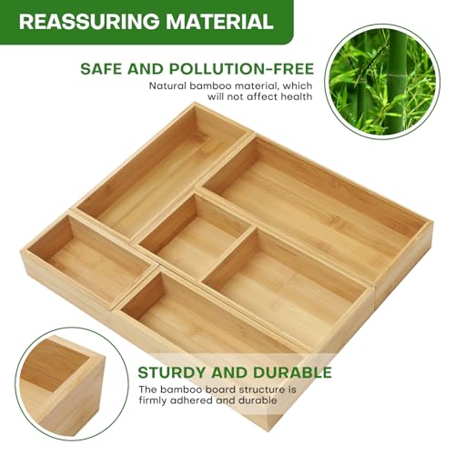Bamboo Drawer Organizer Set, 5 PCS Multi-Use Individual Wood Storage Organizers, Junk Drawer Divider and Storage Trays Containers for Kitchen, Bathroom, Office Desk, Makeup, Jewelry, Utensils - size: 5