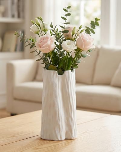 7.5 Inch White Ceramic Vase, Organic Nature Shape, OOSTONEE Boho Nordic Modern Style Small Flower Vase, Shelf, Home, Living Room, Coffee Table Centerpiece, Ceramic vases for Home Decor - color: White, size: Small
