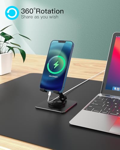Cell Phone & Tablet Stand for Desk, Aluminum Adjustable Holder for iPhone, iPad & Smartphones || Foldable Mount with 360° Swivel, Stable Base & Portable Design for 4–9.7in Devices, Black - color: Black