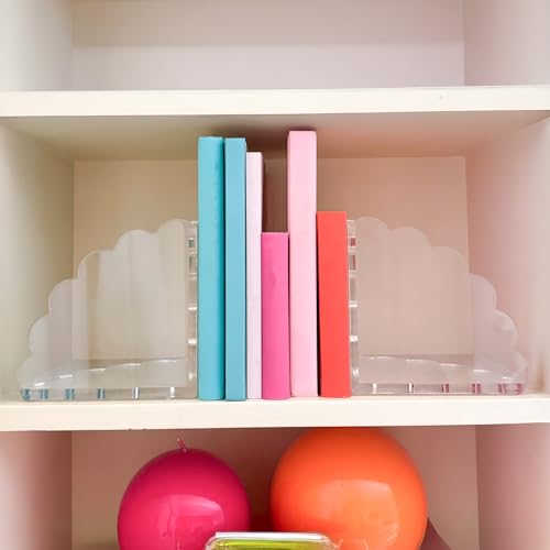 Scalloped Acrylic Bookends (Clear) – Set of 2 Decorative Non-Slip Book Holders | Modern Minimalist Bookends for Shelves, Office, and Home Décor – Durable Transparent Book Supports - color: Clear