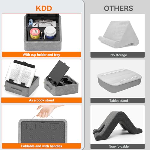 KDD 5 in 1 Tablet Pillow Holder, Foldable Book Stand for Reading with Storage Tray, Pen Slot and 2 Cup Holders, Adjustable iPad Stand for Lap, Bed, Desk and Couch Compatible with Tablet and Book