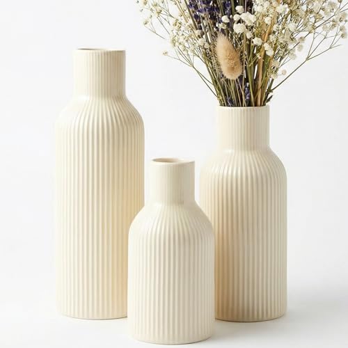 3-Piece Glossy Beige Ceramic Vase Set with Vertical Lines, Minimalist Solid Color Design, Decorative Vases for Shelf, Mantel & Tabletop, Assorted Sizes (9.8"/7.8"/5.9" H) - color: Glossy Beige