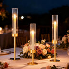 Ninonly Hurricane Candle Holders Set of 3, Tall Brass Candlestick Holders Metal Glass Candle Stands for Wedding Christmas Party Home Table Centerpiece Decorations
