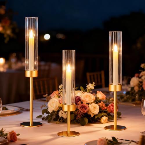 Ninonly Hurricane Candle Holders Set of 3, Tall Brass Candlestick Holders Metal Glass Candle Stands for Wedding Christmas Party Home Table Centerpiece Decorations