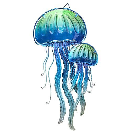 JOYBee Ocean Jellyfish Wall Art Decor-Sea Life Nautical Home Hanging Decor-Glass&Metal Jellyfish Decoration for Pool,Beach,Patio,Living Room,Bathroom,Boat, Coastal Decorations(17inch) - color: Blue Jellyfish