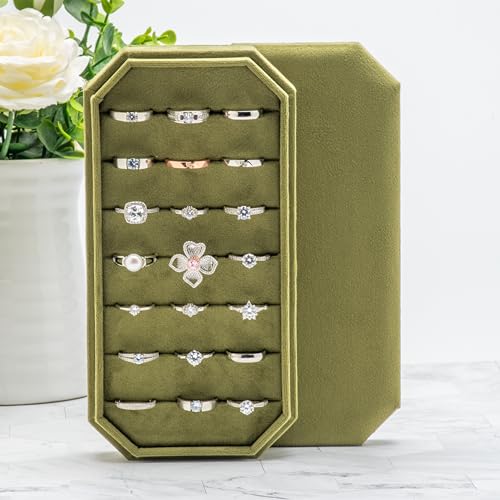 Velvet Ring Organizer Display Tray Jewelry Box Earring Holder Case for Wedding Birthday Christmas Day (Olive Green) - color: Olive Green