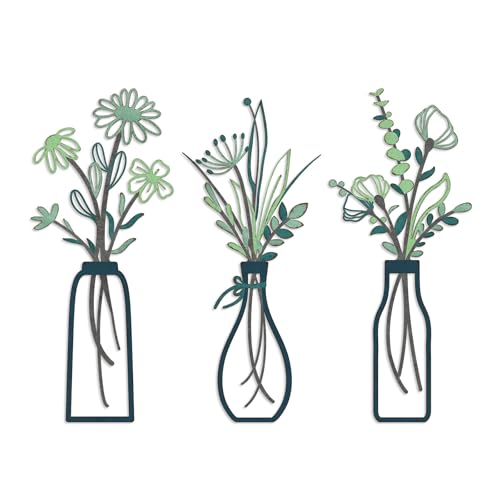 Pigort 3 Pieces Metal Flowers Wall Arts - Rustic Farmhouse Style Décor Metal Wall Art Minimalist Flower Natural Themed Wall Decors for Home Bedroom Dining Room Housewarming (Deep green) - color: Green