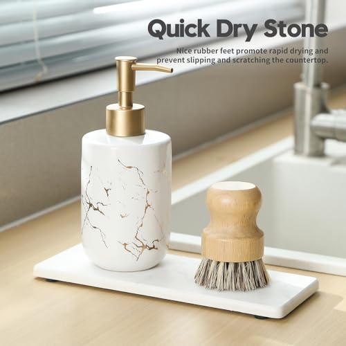 2PCS Water Absorbing Stone Drying Tray for Kitchen Counter, Diatomite Mat Vanity Caddy for Bathroom Sink, Faucet Splash Guard,Soap Dispenser Rack Sponge Holder Organizer, Marble White, 9"x3.5" - color: 2 Pack - Marble White, size: 9" x 3.5"