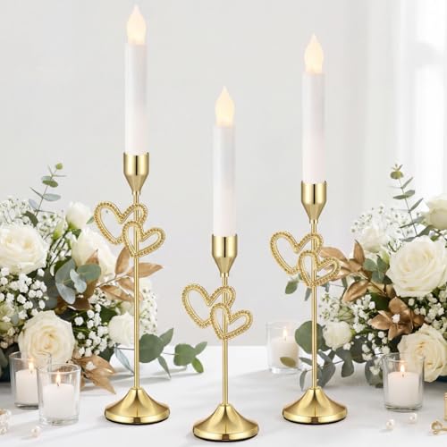 Ceenna 3 Pcs Gold Heart Candle Holders, 3 Size Taper Candle Holder Heart Shaped Candlestick Holders Brass Vintage Modern Centerpiece Decor for Wedding Valentine's Day Table Housewarming Gift - style: Loving Heart