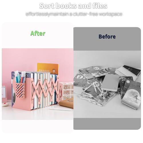 Adjustable Book Ends for Heavy Books, Metal Expandable Bookends for Shelves, Book Organizer Stopper Holder for Desk, Kids Room, Classroom, Office, Library (Pink) - color: Pink