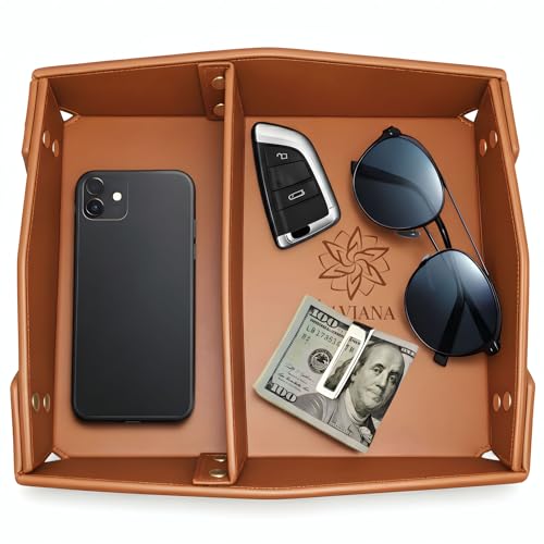 Valet Tray Organizer for Men & Women - PU Leather Catch All Tray with Removable Divider - EDC Storage for Keys, Watch, Phone - Nightstand, Dresser & Desk Organizer - Saddle Tan - color: Saddle Tan