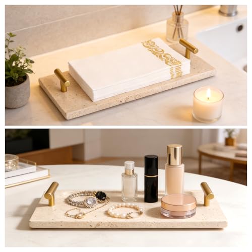 Napkin Holder - Guest Towel Holder for Bathroom - Travertine Stone Paper Towel Holder - Hand Towel Tray with Gold T-Handle(11.8x4.7x1.7 Inchs) - color: Yellow