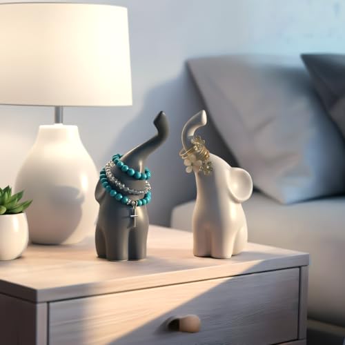 Elephant Statue Couple Ornament Elefante Ring Holder Table Top Shelf Bookends Love Aesthetic Sculptures Decoraciones para Sala Animal Figurines Home Decor Creative Elephant Gifts for Women - color: Gray/Beige, size: Size: 6.5x2.8x2.8 inches/one=2