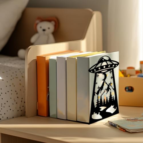 Peacoblue Metal Bookends for Shelves, Modern Decorative Heavy Duty Study Book Support Stoppers for Office, Desk, Shelf, Room 5.3"x4.3"x7.9" Cast Iron Simple Tall Bookends, 1 Pair (UFO) - style: UFO