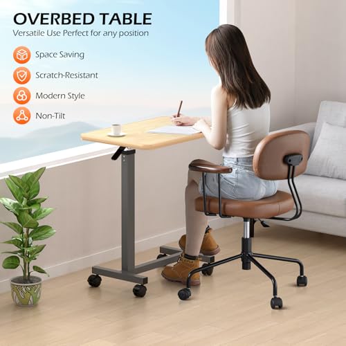 WOTURE Adjustable Overbed Table with Wheels, Pneumatic Height Adjustment, Ideal for Hospital Use or At Home as Bed Tray, Standing Desk, Bedridden & Mobility Needs, Maple - color: Maple