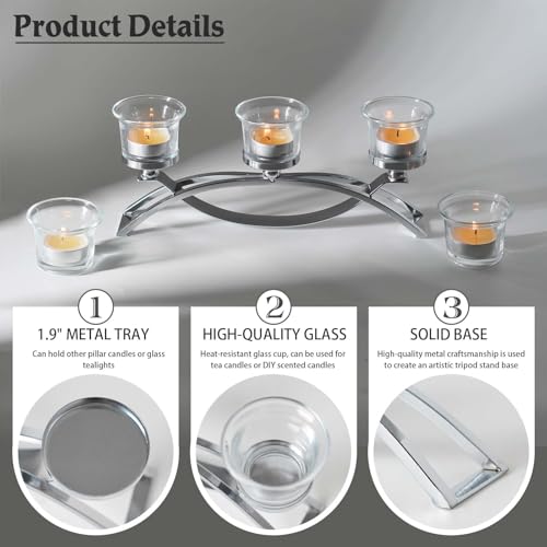 3-Arm Metal Tea Light Candle Holder Set with 5 Glass Cups, Votive Candle Holders Centerpiece Candelabra for Wedding Table Decor, Home Gatherings and Holidays (Silver, 5 Cups) - color: Silver, size: 5 Cups