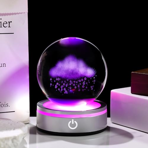 Arikyrist 3.15in. 3D Cloud and Rains Crystal Ball Gifts for Women Men, K9 Crystal Decorative Ball Engraved Cloud and Rains Figurine Paperweight with LED Light Base for Home Office Decoration - color: Cloud and Rains