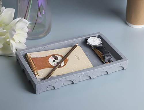 Vixdonos Decorative Tray with Semi-Circular Pattern Edge,Rectangular Concrete Tray for Coffee Table Decor,9.8X5.8X1.2 Inches(Gray) - color: Gray