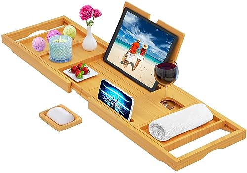 Premium Bathtub Tray Caddy - Bath Tray Bamboo Expandable - Bath Tub Tray Table for Bathtub - Expandable Size, Fits Most Bath Tubs - Natural Bamboo Wood - color: Natural