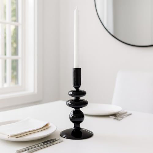 Glass Taper Candle Holder - Table Candle Holder for Soft Candlelight and Table Decor - Dining Room or Living Room Mantel Display - Modern Disc and Sphere Design Accent, Home Decor – 7", Black - color: Black, size: 7.0" H