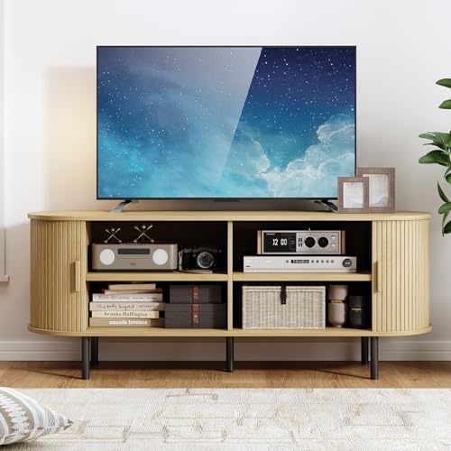 55" TV Stand with Power Outlet, Modern Media Console with Sliding Doors, Entertainment Center for TVs up to 60 Inch, Adjustable Shelves, Oak - color: Oak, size: 55 Inch