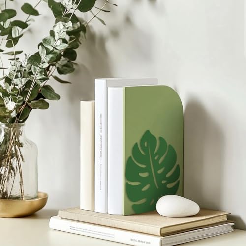 Peacoblue Metal Bookends for Shelves, Modern Decorative Heavy Duty Study Book Support Stoppers for Office, Desk, Shelf, Room 5.3"x4.3"x6.1" Cast Iron Simple Green Book Ends, 1 Pair (Monstera Leaf) - style: Monstera Leaf