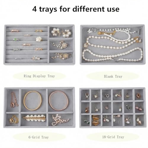 Stackable Jewelry Organizer Trays for Drawer, Set of 4 Velvet Jewelry Drawer Inserts in Dresser, 8in Storage Display Case for Rings Stud Necklaces Accessories(Grey) - color: Grey