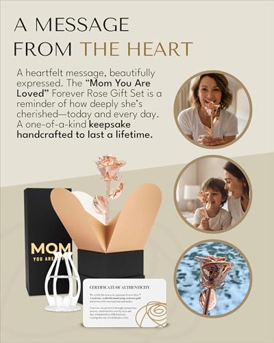 Forever Rose Bloom Box & Phantom Vase Combo, Rose Gold Dipped Rose in a Personalized Gift Box That Says Mom You are Loved Embossed in Gold Foil, Unique & Everlasting Gift for Any Occasion - color: Rose Gold Rose (Vase & Mom You Are Loved Box)
