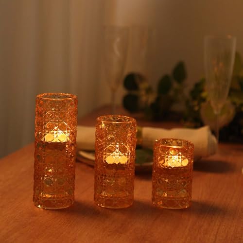 Efavormart Set of 3 Amber Gold Glass Taper Candle Holders with Gemstone Pattern, Dual Sided Crystal Cylinder Tealight Candle Stick Stand - 3",4",5.5" - color: Type9