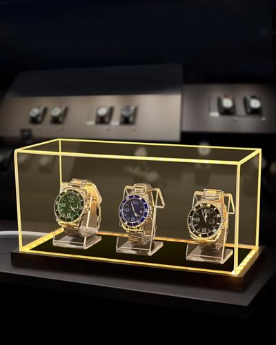 Acrylic Watch Display Case for 3 Watches, Premium 3mm Thick Dustproof Collector's Box with Solid Wood LED Light Base, USB Powered Watch Holder Organizer Stand - size: Display Case (LED) For 3 Watch