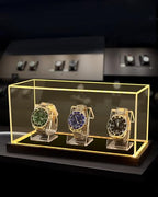Acrylic Watch Display Case for 3 Watches, Premium 3mm Thick Dustproof Collector's Box with Solid Wood LED Light Base, USB Powered Watch Holder Organizer Stand - size: Display Case (LED) For 3 Watch