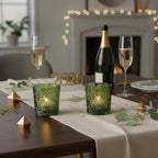 12 Pack Patented Sun Moon Star Embossed Glass Tea Light Candle Holders - Unique Votive Candle Holders for Wedding, Party, and Table Centerpieces (Moss Green) - color: Moss Green