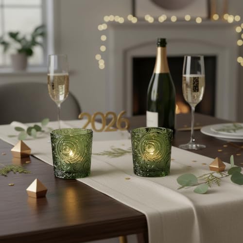 12 Pack Patented Sun Moon Star Embossed Glass Tea Light Candle Holders - Unique Votive Candle Holders for Wedding, Party, and Table Centerpieces (Moss Green) - color: Moss Green