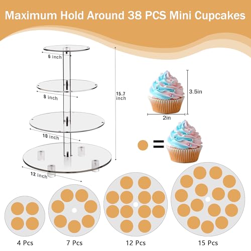 YestBuy 4 Tier Round Cupcake Stand, Cupcake Holder, 4 Tier Cupcake Tray, Acrylic Cake Tower Stand Display for Pastry + LED Light String, Ideal for Weddings, Birthday Parties (Yellow) - color: Yellow, size: 4 Tier Round
