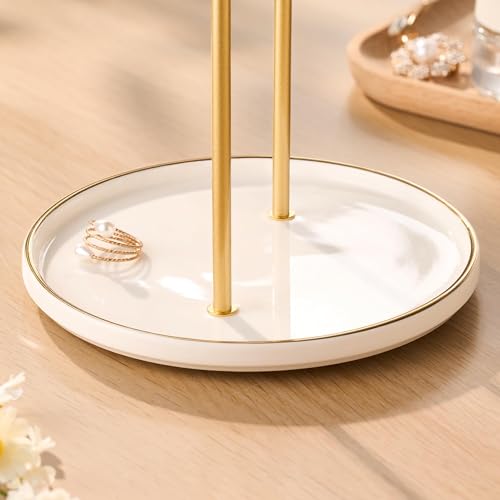 Gold Jewelry Holder Stand with Ceramic Tray: Small Hanging Necklace Organizer Tree for Earrings, Bracelets, Rings – Jewelry Display Hanger for Women & Girls, White - color: white tray gold bar
