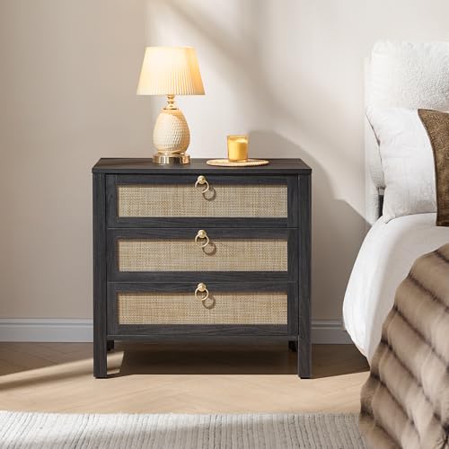 SICOTAS Night Stand with Drawers, Large Rattan Bedside Table with Golden Handle, 3 Drawers Nightstand Tall End Table Side Table Boho Nightstand for Bedroom - color: Obsidian