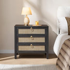 SICOTAS Night Stand with Drawers, Large Rattan Bedside Table with Golden Handle, 3 Drawers Nightstand Tall End Table Side Table Boho Nightstand for Bedroom - color: Obsidian
