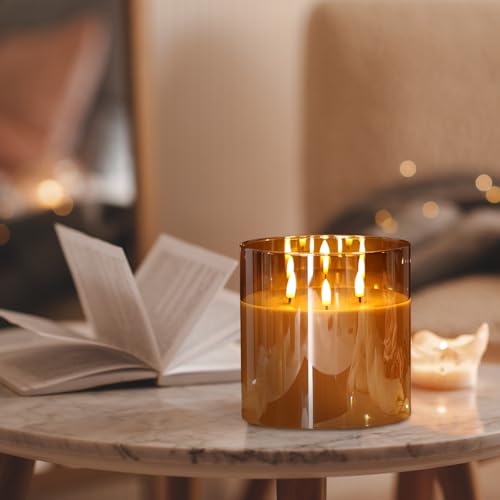 Eywamage 3 Wick Gold Glass Flameless Candle with Remote, Large Flickering LED Battery Pillar Candle Φ 6" H 6" - color: Gold