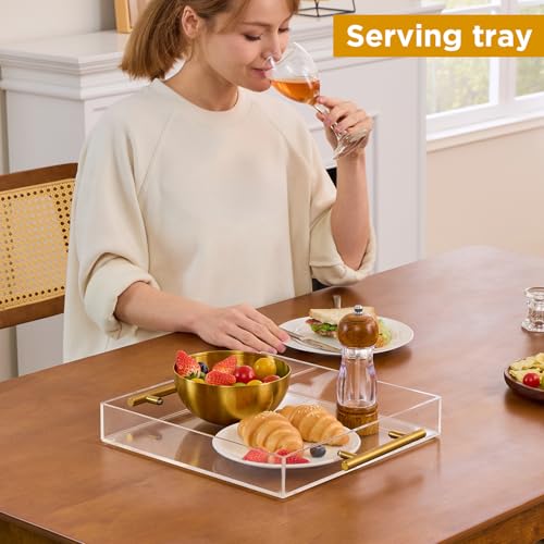 12"x12" Clear Acrylic Serving Tray with Golden Handles, Sturdy Huge Capacity Acrylic Trays for Coffee, Juice, Kitchen and Desk Organizer, Storage Tray (12"x12") - size: 12" x 12" x 2"